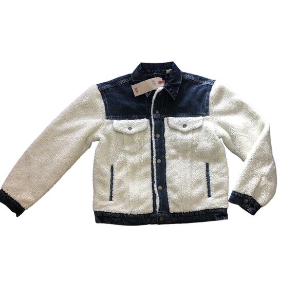 LEVI'S EX-BOYFRIEND Pieced Sherpa Denim Trucker Jacket "all goes wool" S NWT - Picture 3 of 5